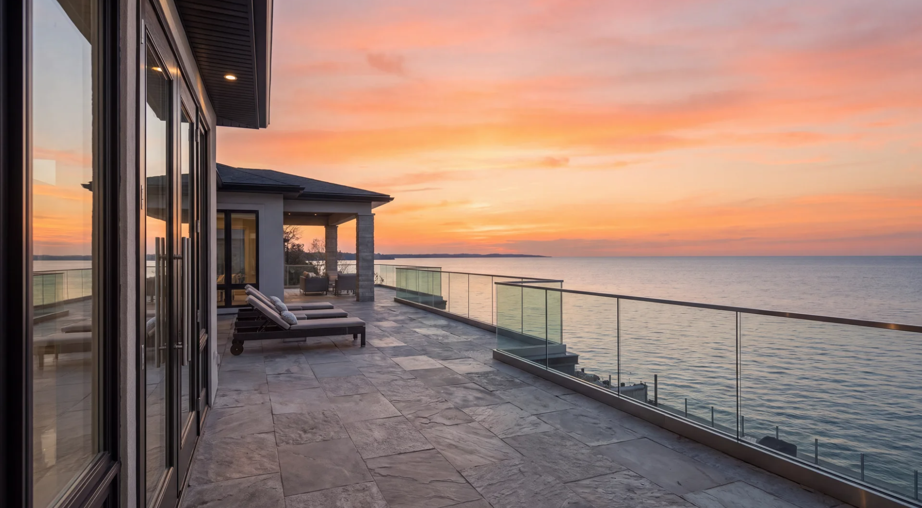 The original listing photograph of the terrace at sunset